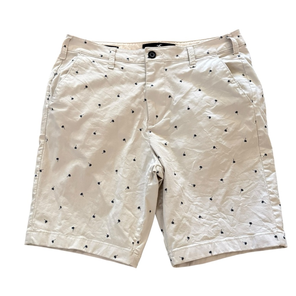 Hollister Mens Palm Tree All Over Print Flat Front 9” Khaki Shorts M